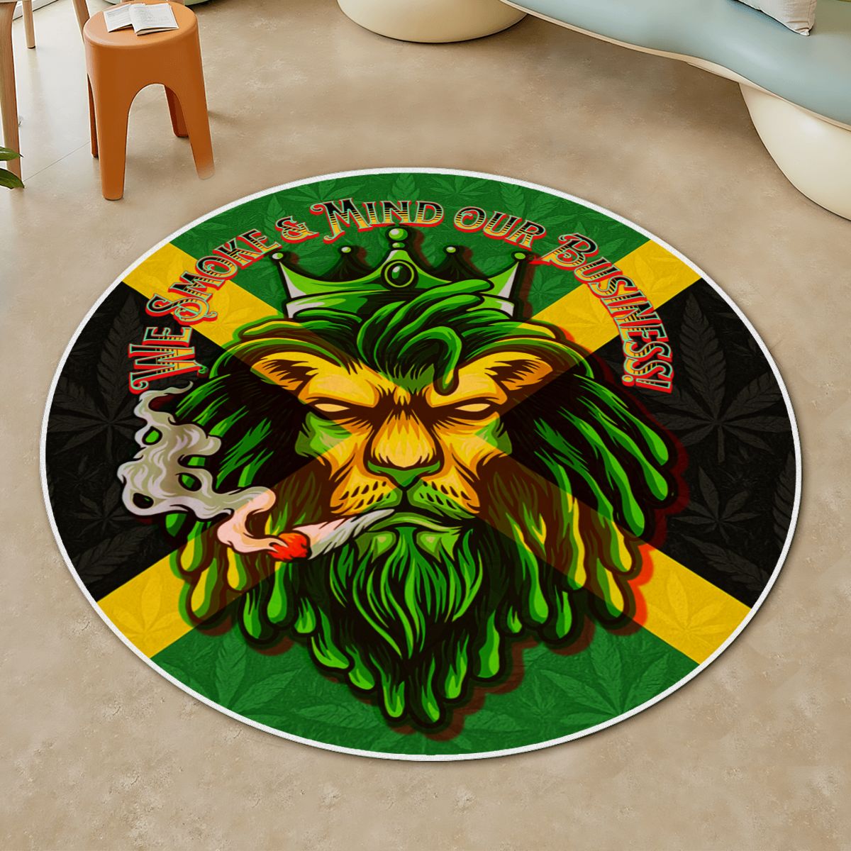 Jamaican We mind our business Soft Round Area Rug with White Border