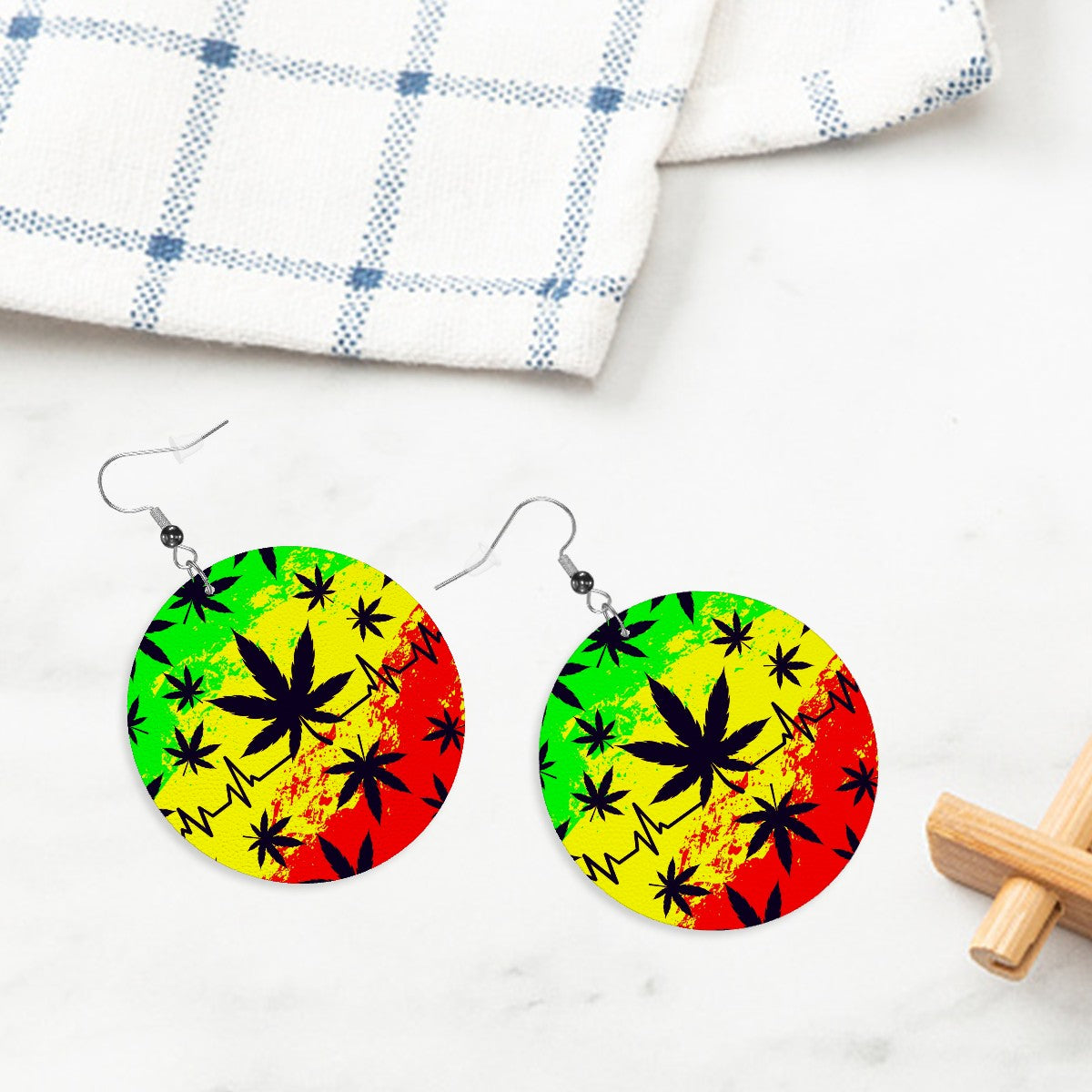 Red, Yellow, Green Leather Round Earrings