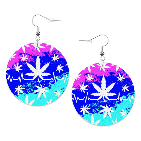 Leather Round Earrings  marijuana Leaves