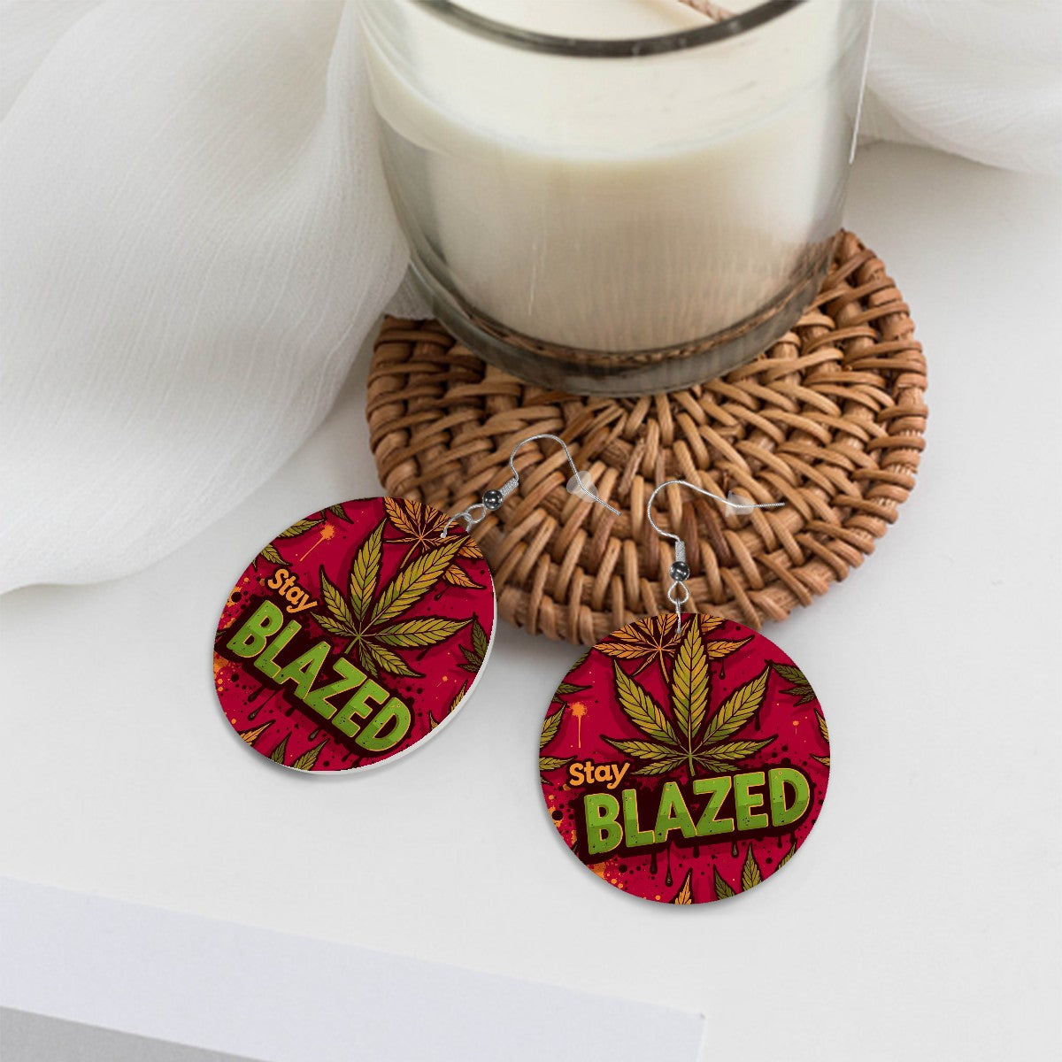 Red Blazed Leather Round Earrings