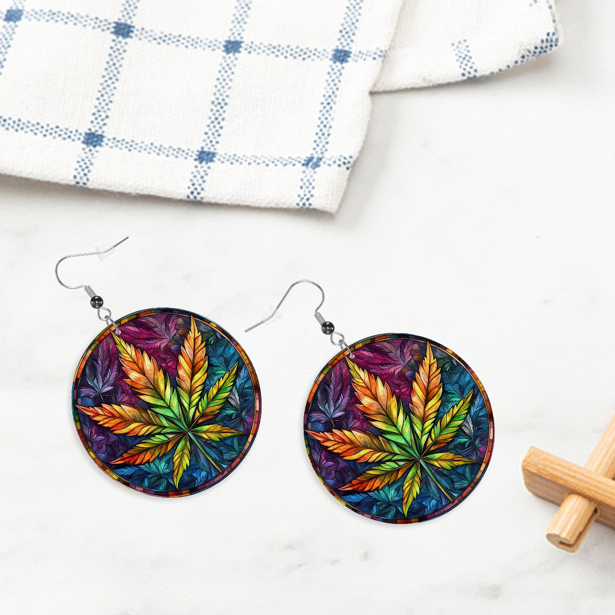 Cannabis Leaf Leather Round Earrings