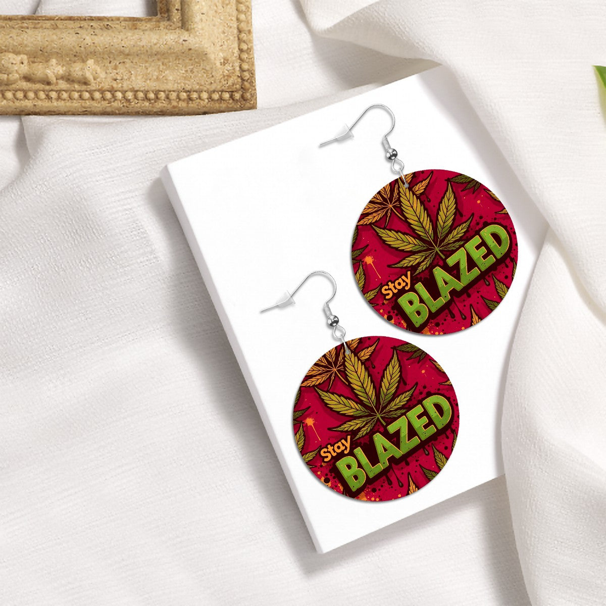 Red Blazed Leather Round Earrings