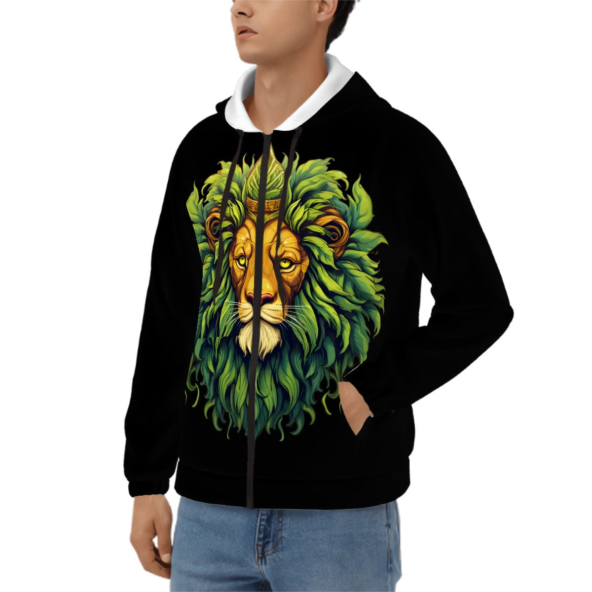 Men's Zip Up Hoodie Black Lion