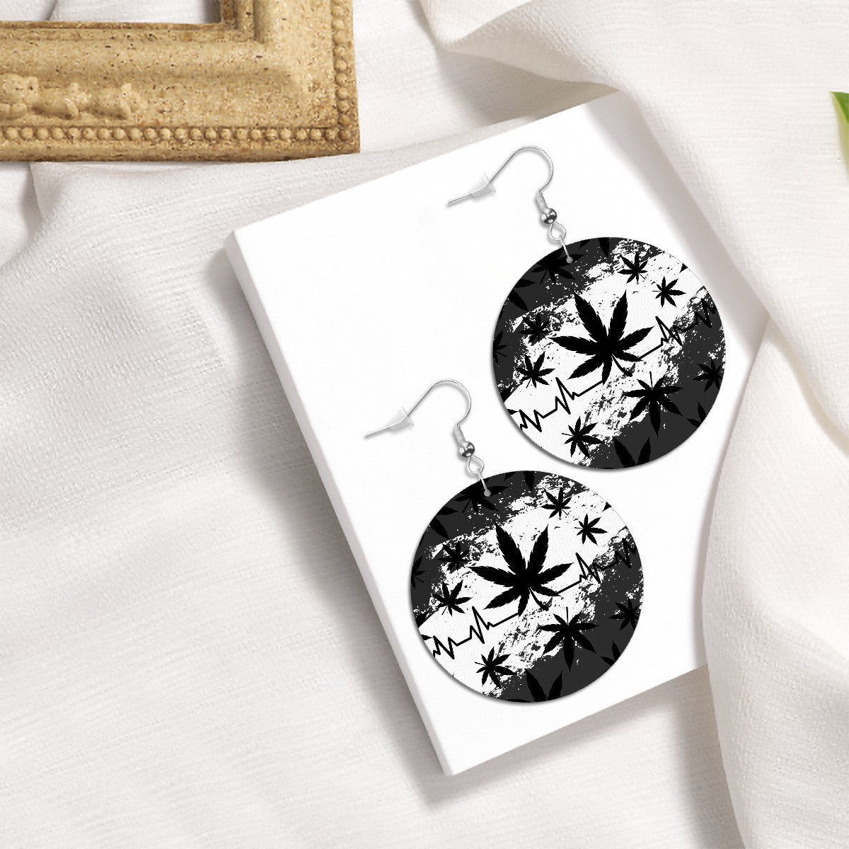 Leather Round Earrings  marijuana Black