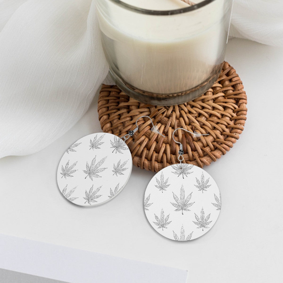Leather Round Earrings White and Gray