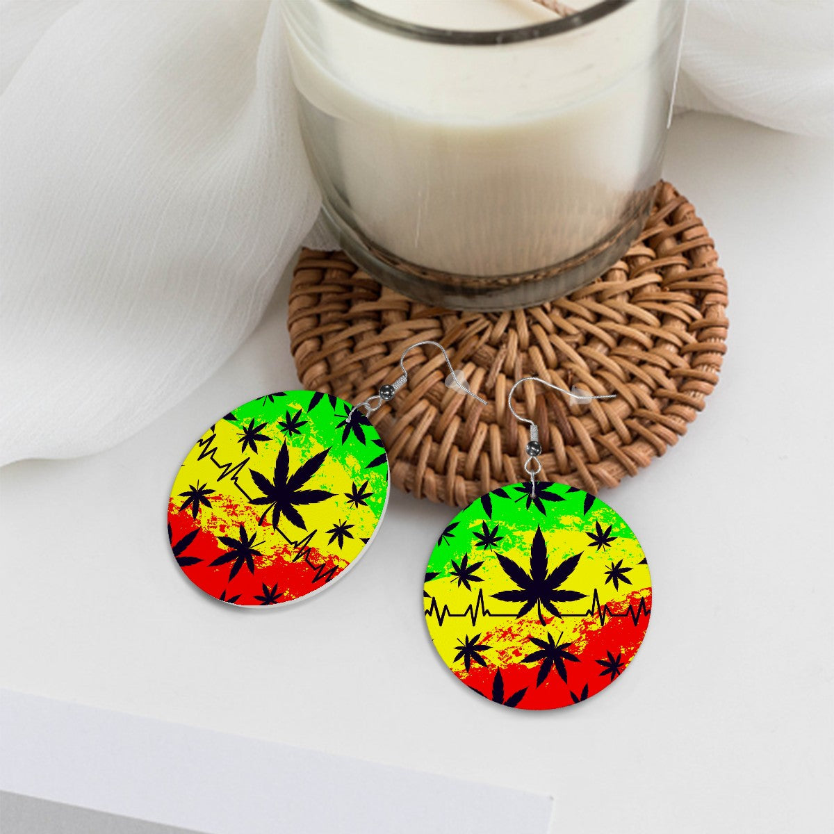 Red, Yellow, Green Leather Round Earrings