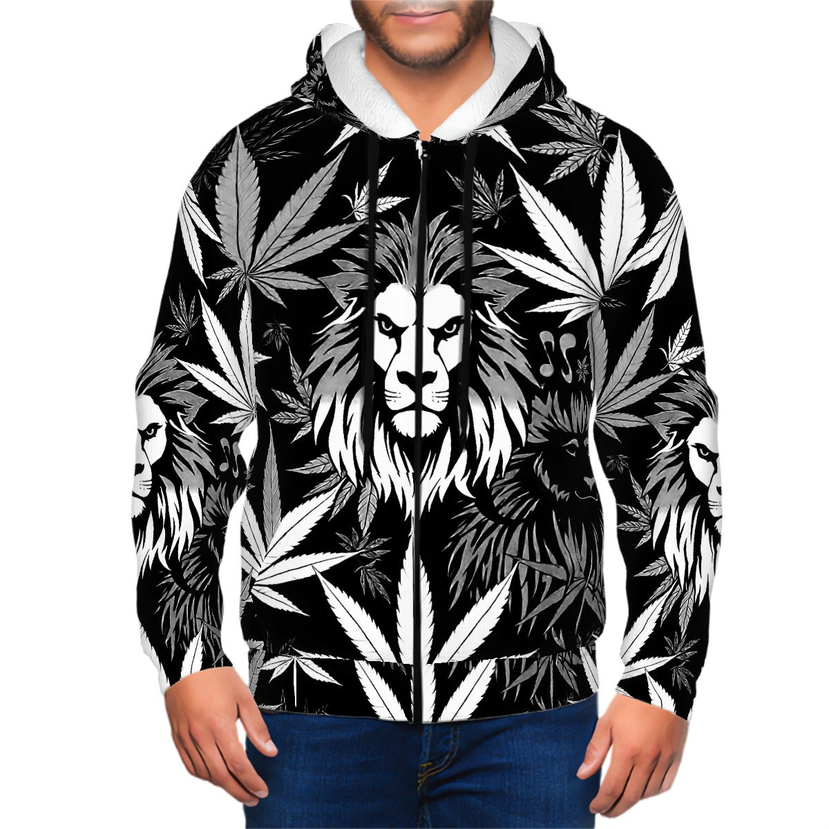 Men's Zip Up Hoodie Black and Whit6e Loin of Zoin