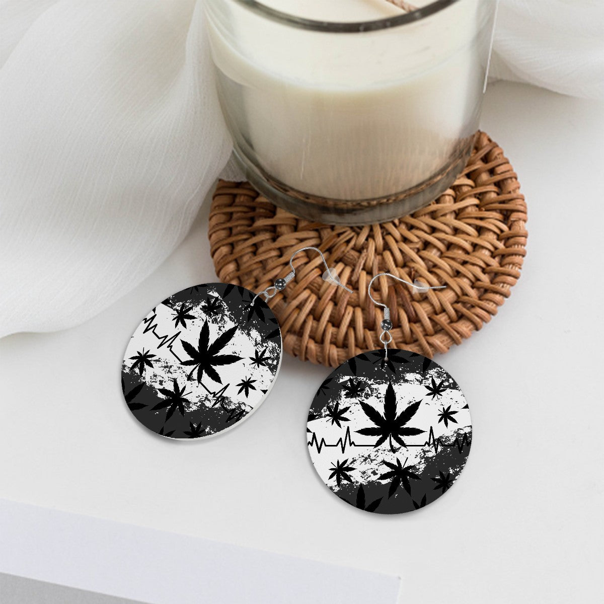 Leather Round Earrings  marijuana Black